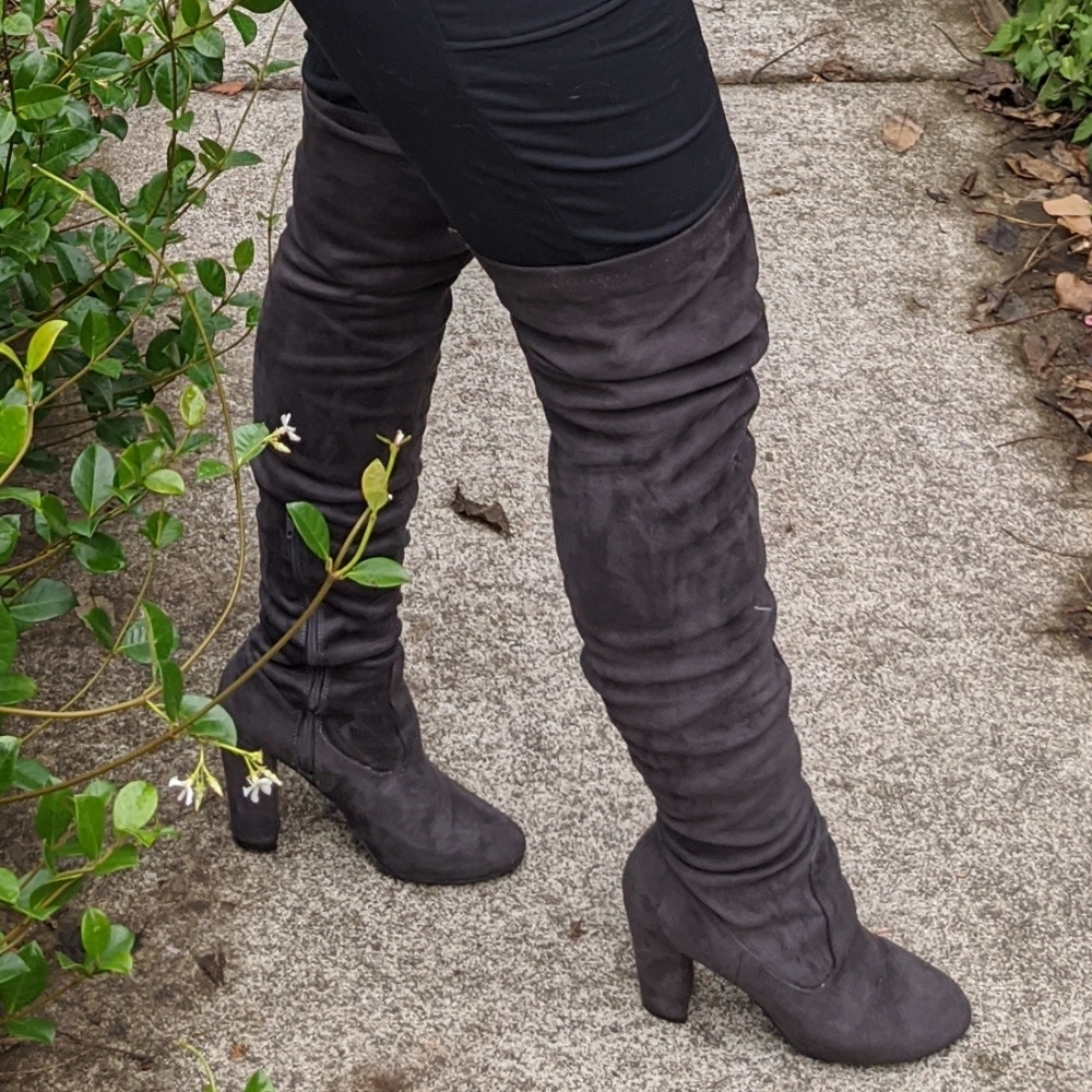 Grey thigh-high slinky boots